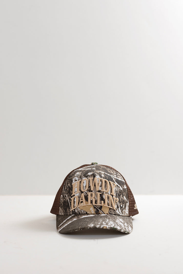 Camouflage and brown embroidered trucker cap with 'Howdy Darlin'' text -FleaStyle