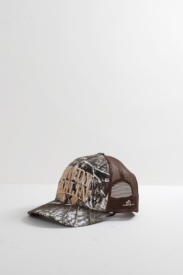 Camouflage and brown embroidered trucker cap with 'Howdy Darlin'' text -FleaStyle