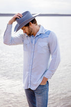 Man wearing a western shirt with jeans, Tex Cowboy Wool Hat - Dusty Blue-Fleastyls at the lake-FleaStyle