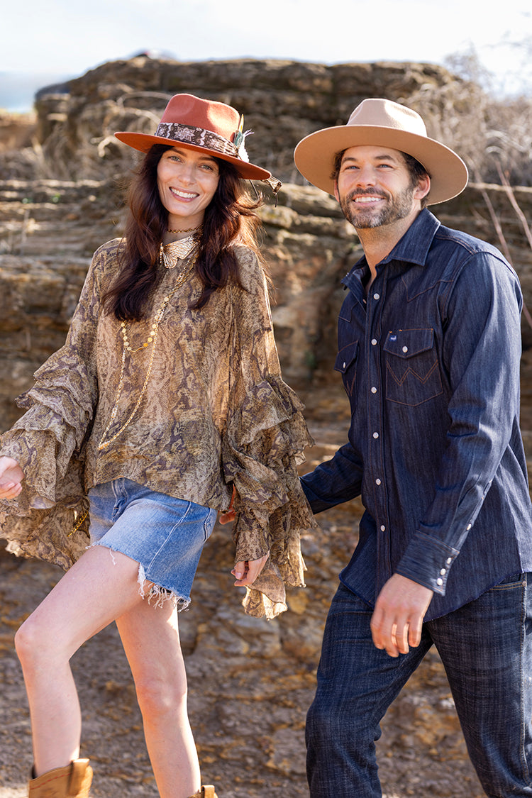 Woman wearing a decorative hat Lenny Wool Short-Brim Hat - Rust-FleaStyle