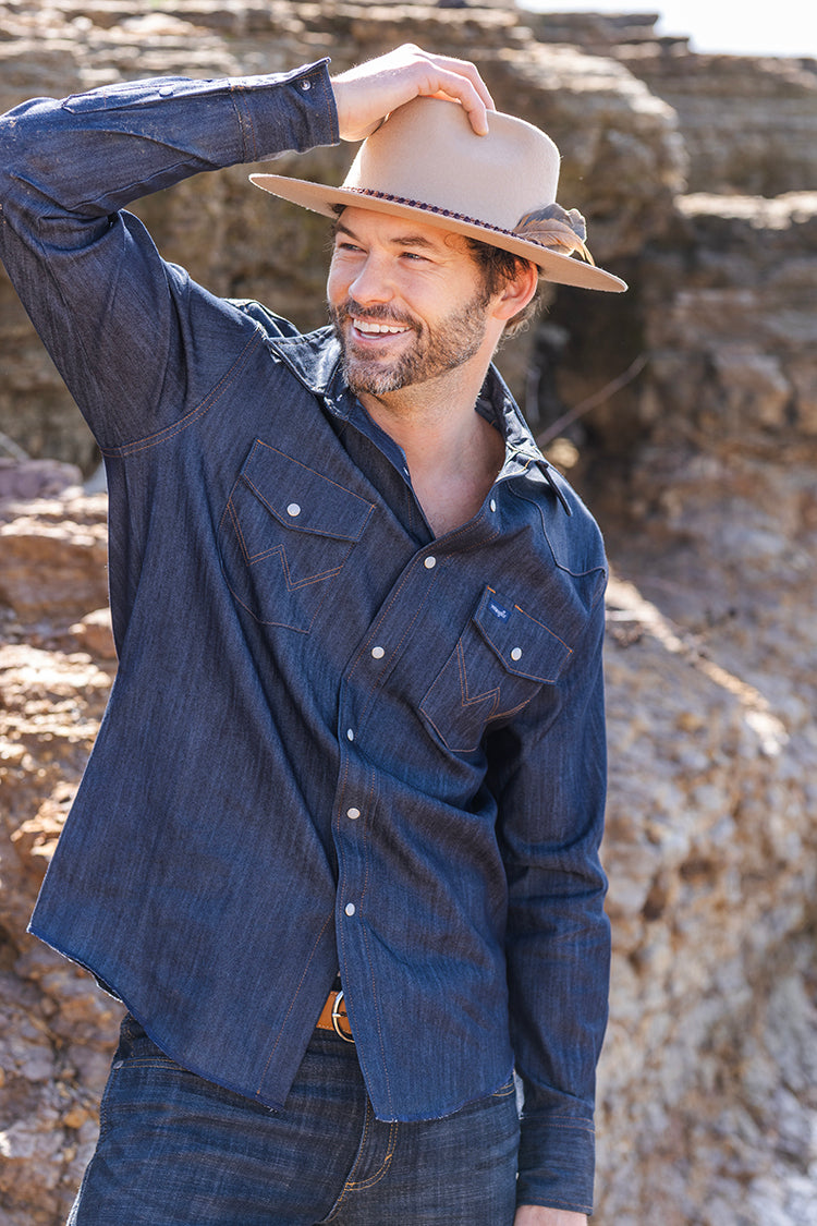 Man wearing a blue denim shirt and Lenny Wool Short-Brim Hat - Beige outdoors