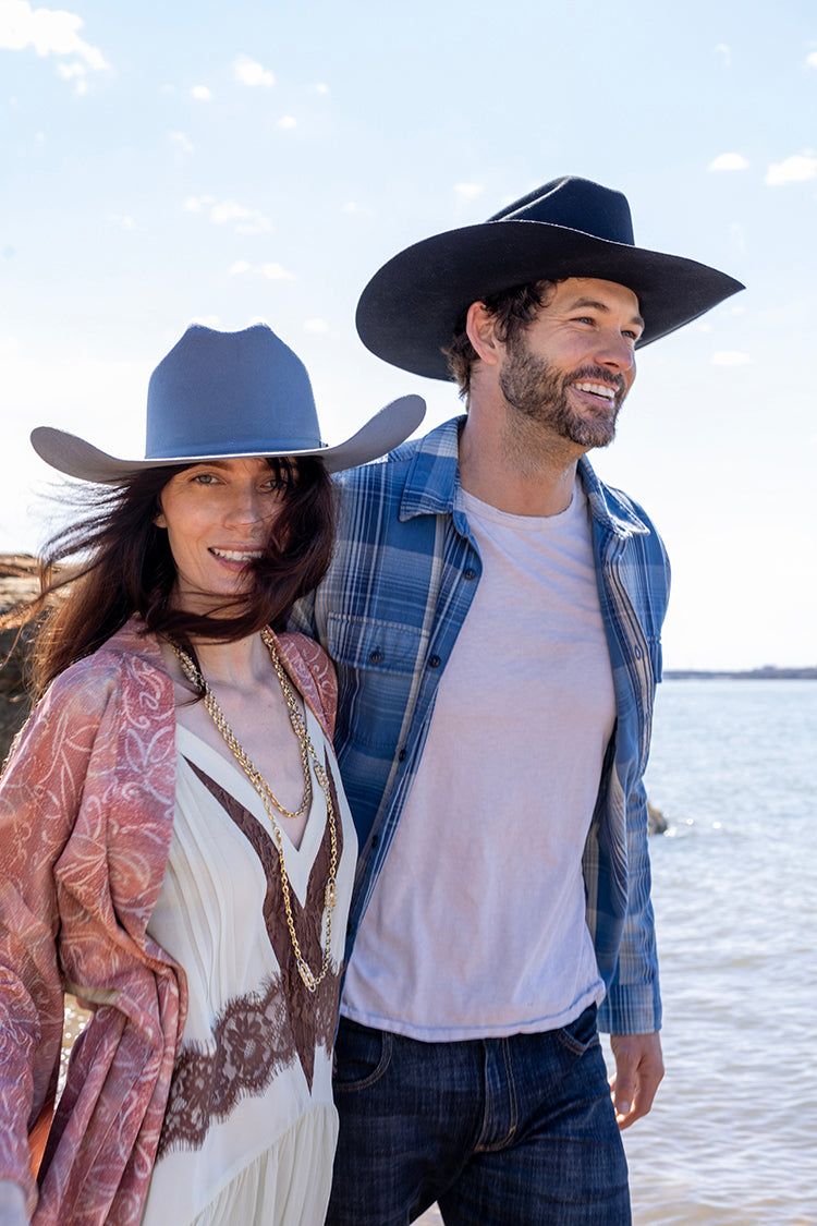 Two people wearing cowboy hats walking by a body of water-Tex Cowboy Wool Hat - Dusty Blue-Fleastyle.