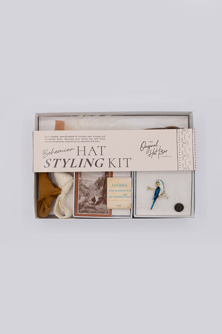 Bohemian Hat Styling Kit - Bird Brooch with decorative hat bands, feathers,  vintage matchbook and playing card-Fleastyle