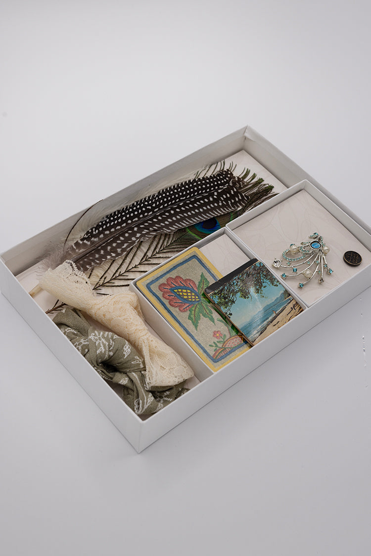 Bohemian Hat Styling Kit - Blue & Silver Studded Brooch Hat  with vintage accessories including hatbands, vintage matchbox, and feathers-Fleastyle