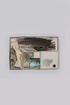 Bohemian Hat Styling Kit - Blue & Silver Studded Brooch Hat  with vintage accessories including hatbands, vintage matchbox, and feathers-Fleastyle
