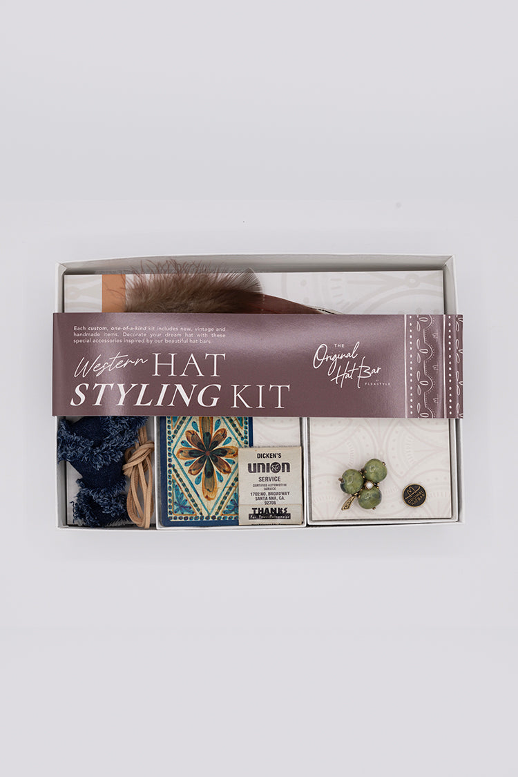 Western-Hat-Styling-Kit-3-Leaf-Clover-Brooch with  decorative accessories including hatbands, vintage playing cards, matches and feathers-FleaStyle-Original Hat Bar