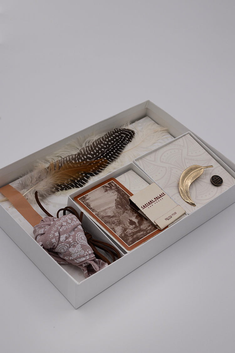 Western-Hat-Styling-Kit-Gold-Leaf-Brooch-Fleastyle-Original Hat Bar with  accessories including hatbands, vintage playing cards, matches and feathers. 