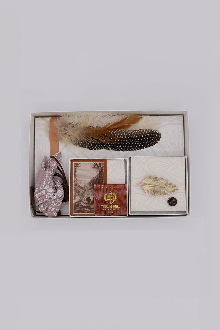 Western-Hat-Styling-Kit-Gold-Leaf with
Swirl Detail Brooch with hat bands, feathers and vintage playing cards and matches -Fleastyle-Original Hat Bar