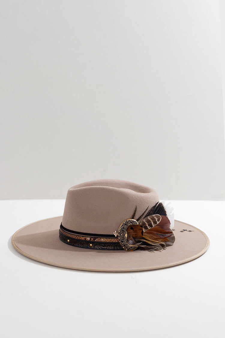 Beige One-of-a-Kind Custom Wide-Brim  Hat with decorative layered hat bands, feathers and branding-FleaStyle