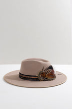 Beige One-of-a-Kind Custom Wide-Brim  Hat with decorative layered hat bands, feathers and branding-FleaStyle