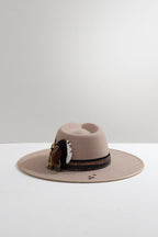 Beige One-of-a-Kind Custom Wide-Brim  Hat fedora hat with decorative layered hat bands, feathers and branding-FleaStyle