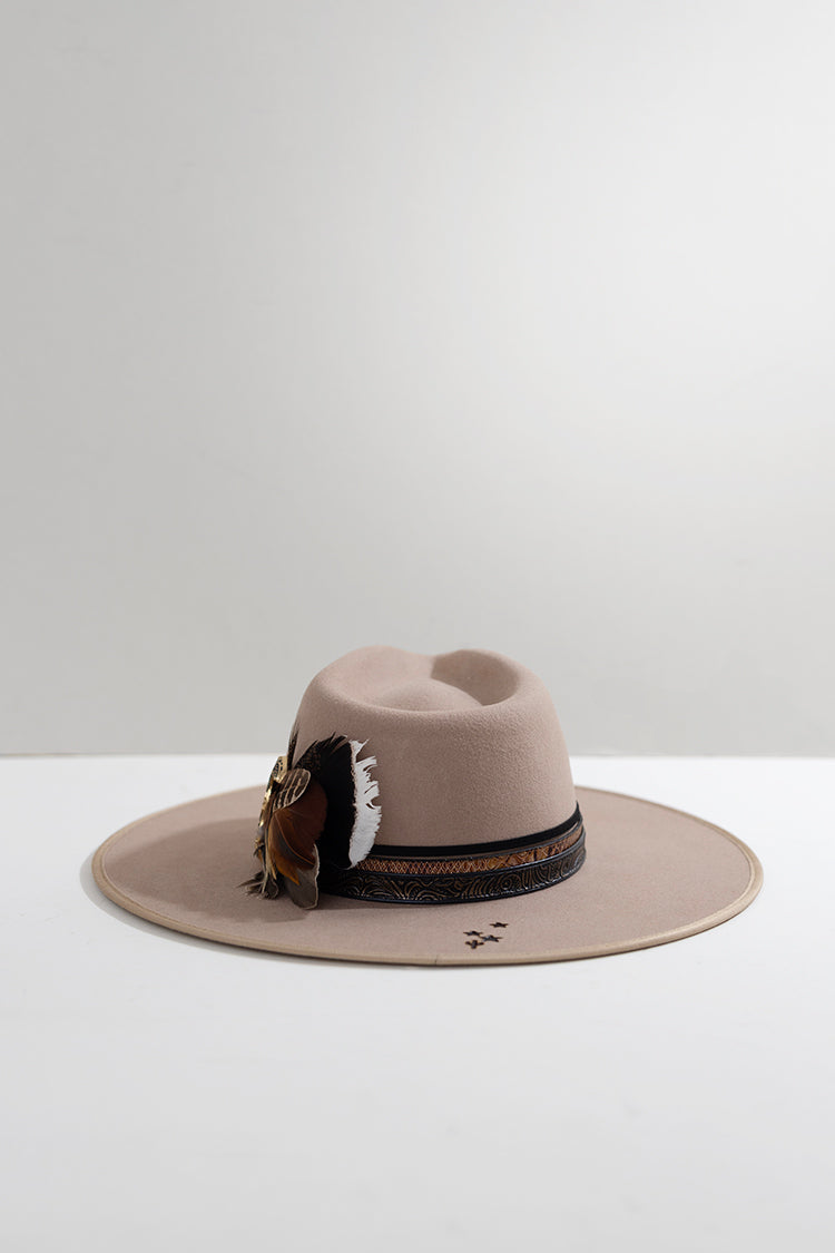 Beige One-of-a-Kind Custom Wide-Brim  Hat fedora hat with decorative layered hat bands, feathers and branding-FleaStyle