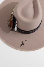 Beige One-of-a-Kind Custom Wide-Brim  Hat with decorative layered hat bands, feathers and branding-FleaStyle