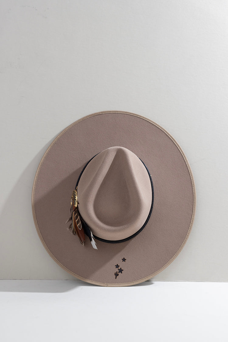 Beige One-of-a-Kind Custom Wide-Brim  Hat fedora hat with decorative layered hat bands, feathers and branding-FleaStyle