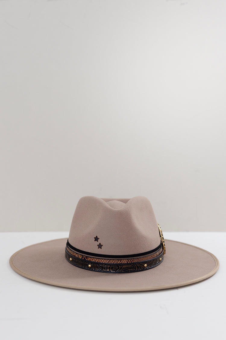 Beige One-of-a-Kind Custom Wide-Brim  Hat with decorative layered hat bands, feathers and branding-FleaStyle