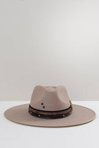 Beige One-of-a-Kind Custom Wide-Brim  Hat with decorative layered hat bands, feathers and branding-FleaStyle