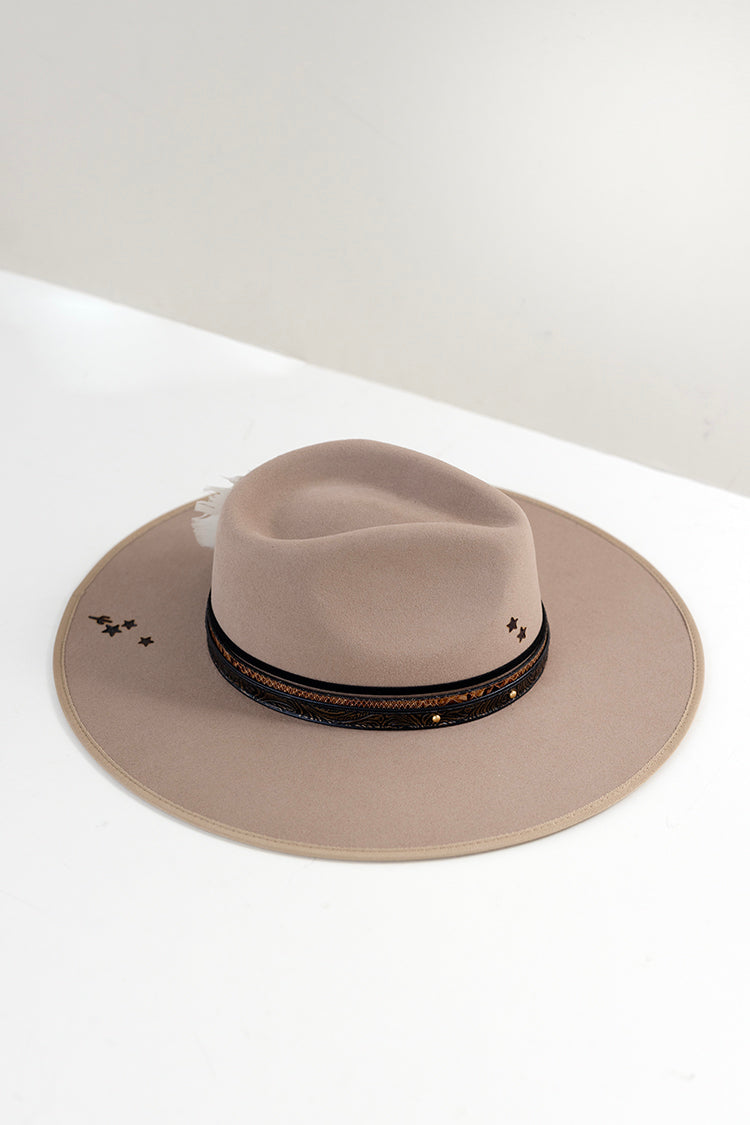 Beige One-of-a-Kind Custom Wide-Brim  Hat fedora hat with decorative layered hat bands, feathers and branding-FleaStyle