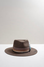 Brown flat brim hat with decorative feathers and turquoise stone brooches and custom hat bands-Flea Style