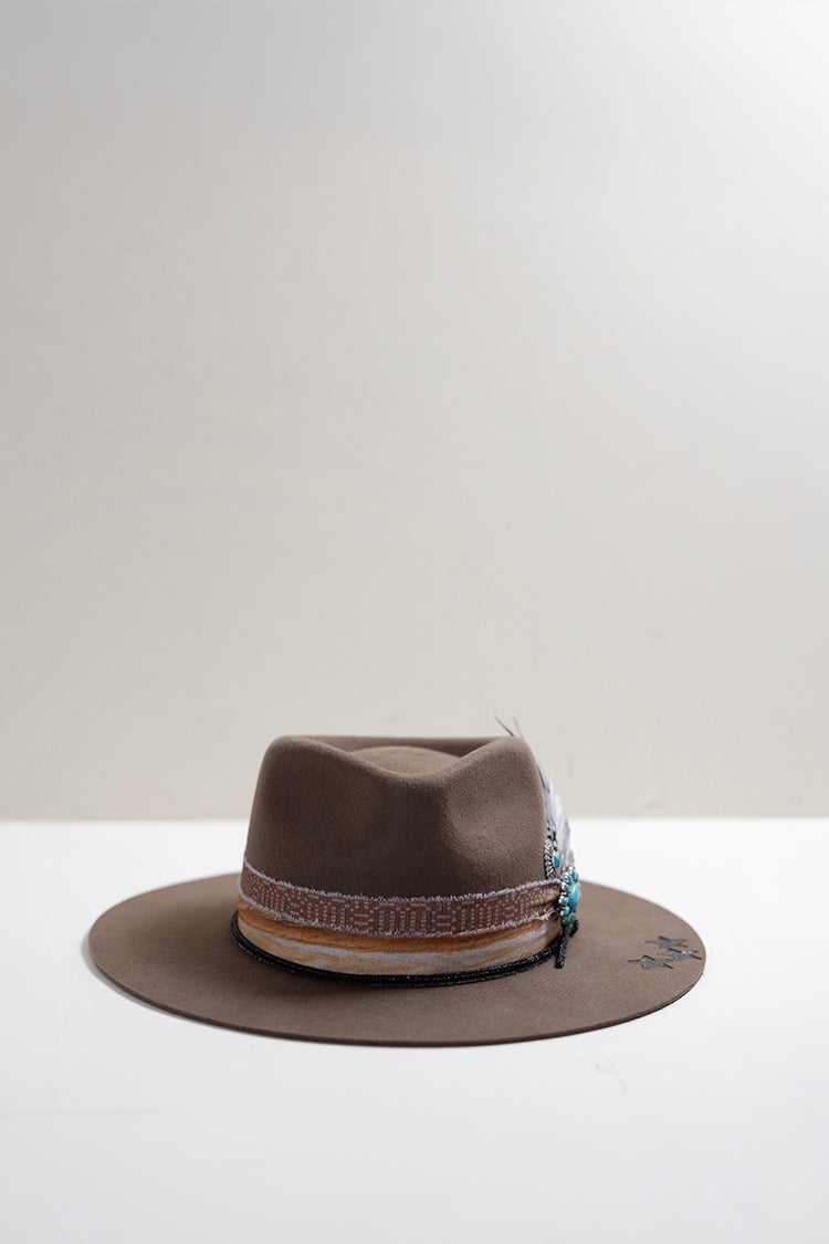 Brown flat brim hat with decorative feathers and turquoise stone brooches and custom hat bands-Flea Style