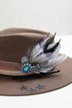 Brown flat brim hat with decorative feathers and turquoise stone brooches and custom hat bands-Flea Style 