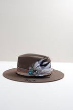 Brown flat brim hat with decorative feathers and turquoise stone brooches and custom hat bands-Flea Style 