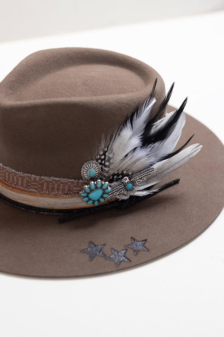 Brown flat brim hat with decorative feathers and turquoise stone brooches and custom hat bands-Flea Style 