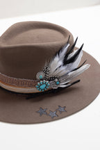 Brown flat brim hat with decorative feathers and turquoise stone brooches and custom hat bands-Flea Style 