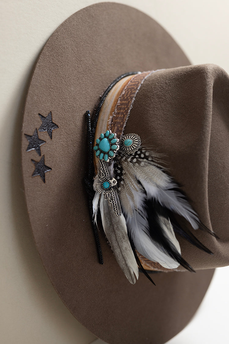 Brown flat brim hat with decorative feathers and turquoise stone brooches and custom hat bands-Flea Style 