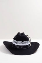 One-of-a-Kind-Custom-Cowboy-Hat-Black with decorative feathers, custom hat bands, vintage brooches and pearl hat pins-FleaStyle