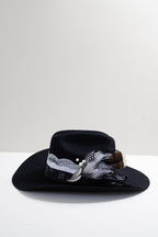 One-of-a-Kind-Custom-Cowboy-Hat-Black with decorative feathers, custom hat bands, vintage brooches and pearl hat pins-FleaStyle