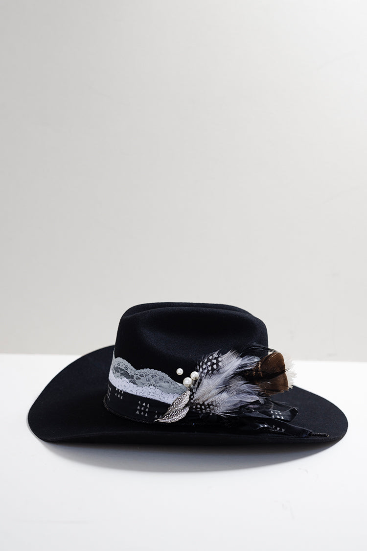 One-of-a-Kind-Custom-Cowboy-Hat-Black with decorative feathers, custom hat bands, vintage brooches and pearl hat pins-FleaStyle