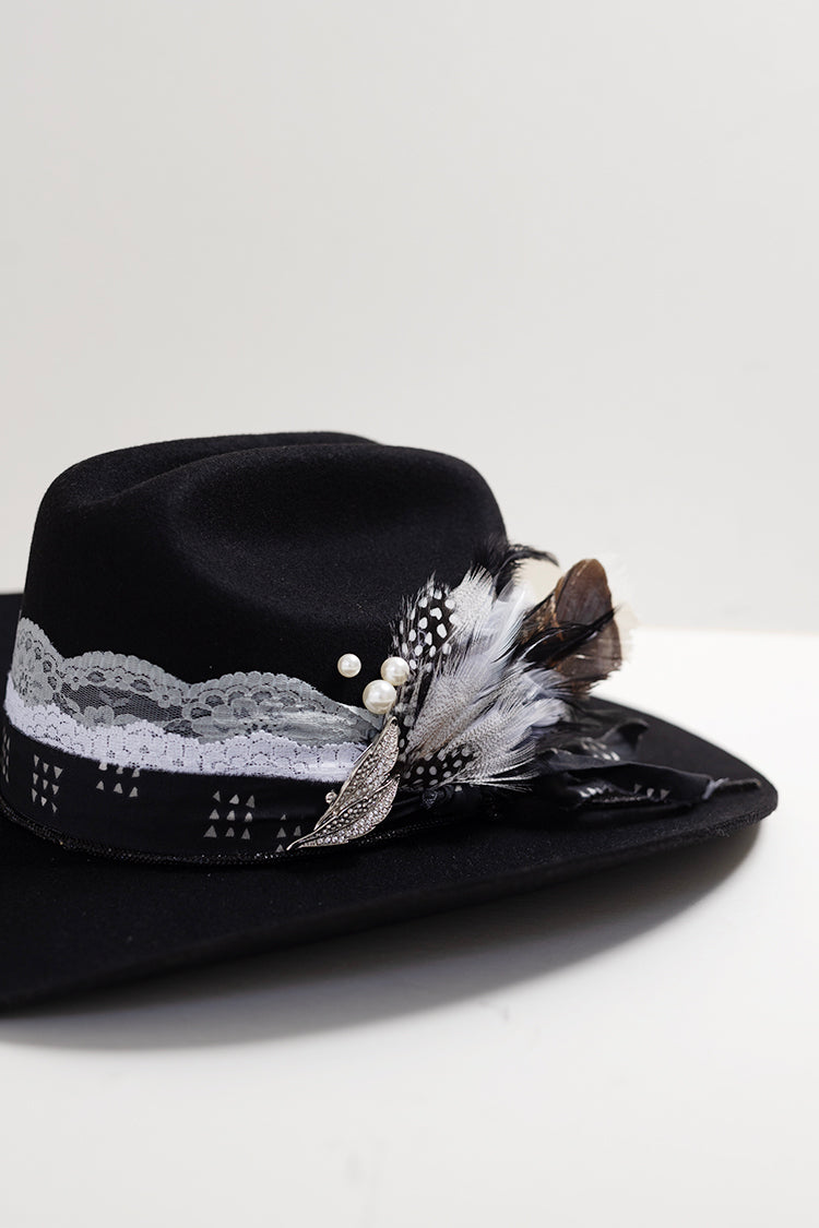 One-of-a-Kind-Custom-Cowboy-Hat-Black with decorative feathers, custom hat bands, vintage brooches and pearl hat pins-FleaStyle