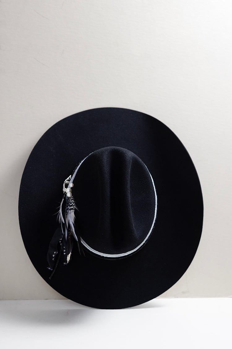 One-of-a-Kind-Custom-Cowboy-Hat-Black with decorative feathers, custom hat bands, vintage brooches and pearl hat pins-FleaStyle