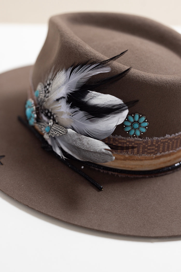 Brown flat brim hat with decorative feathers and turquoise stone brooches and custom hat bands-Flea Style
