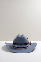 Dusty Blue Hat branded custom cowboy hat with decorative feathers, custom hat bands, vintage brooches and hat pins-FleaStyle