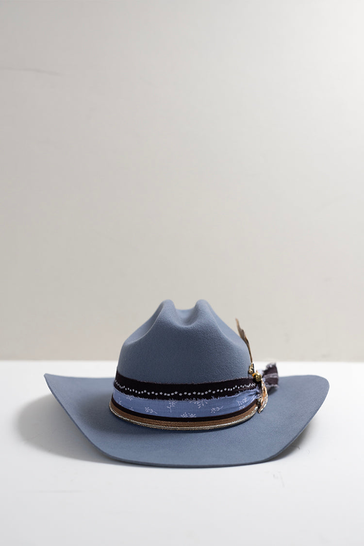 Dusty Blue Hat branded custom cowboy hat with decorative feathers, custom hat bands, vintage brooches and hat pins-FleaStyle