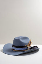 Dusty Blue Hat branded custom cowboy hat with decorative feathers, custom hat bands, vintage brooches and hat pins-FleaStyle