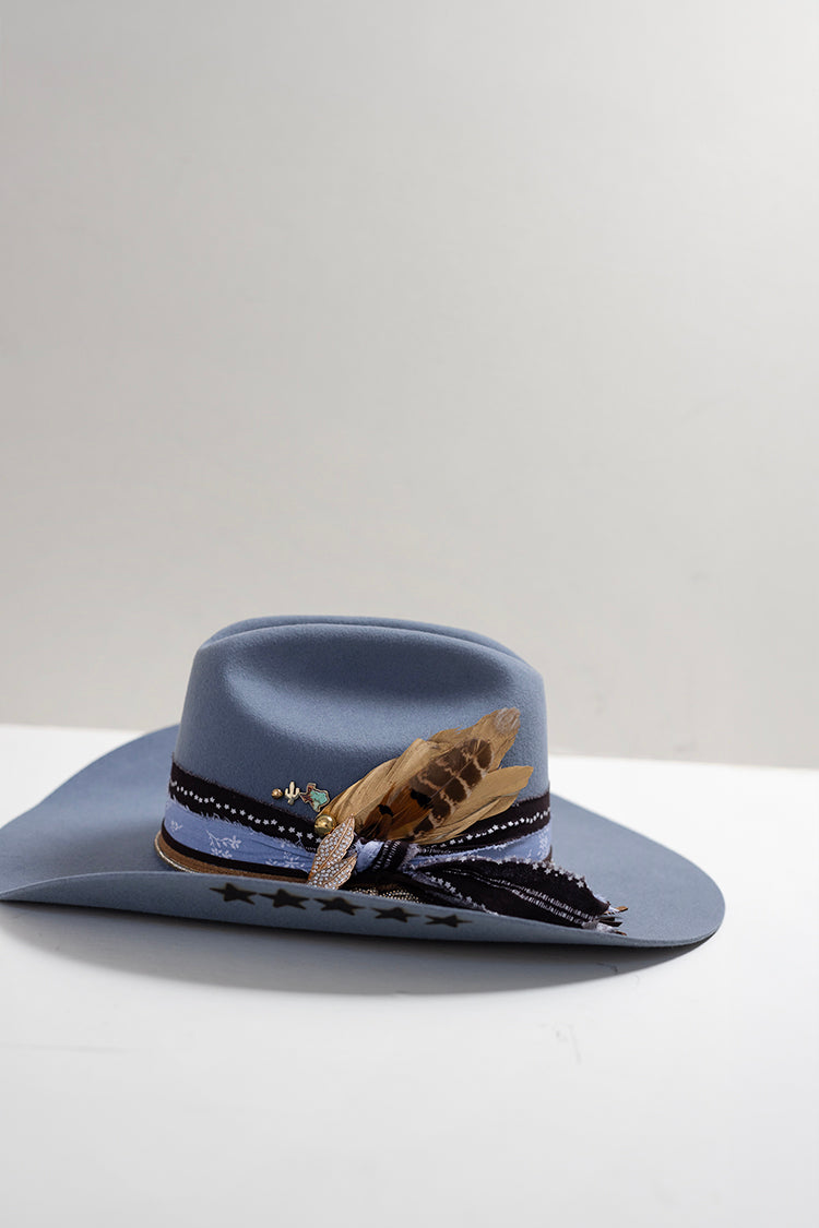 Dusty Blue Hat custom cowboy hat with decorative feathers, custom hat bands, vintage brooches and hat pins-FleaStyle