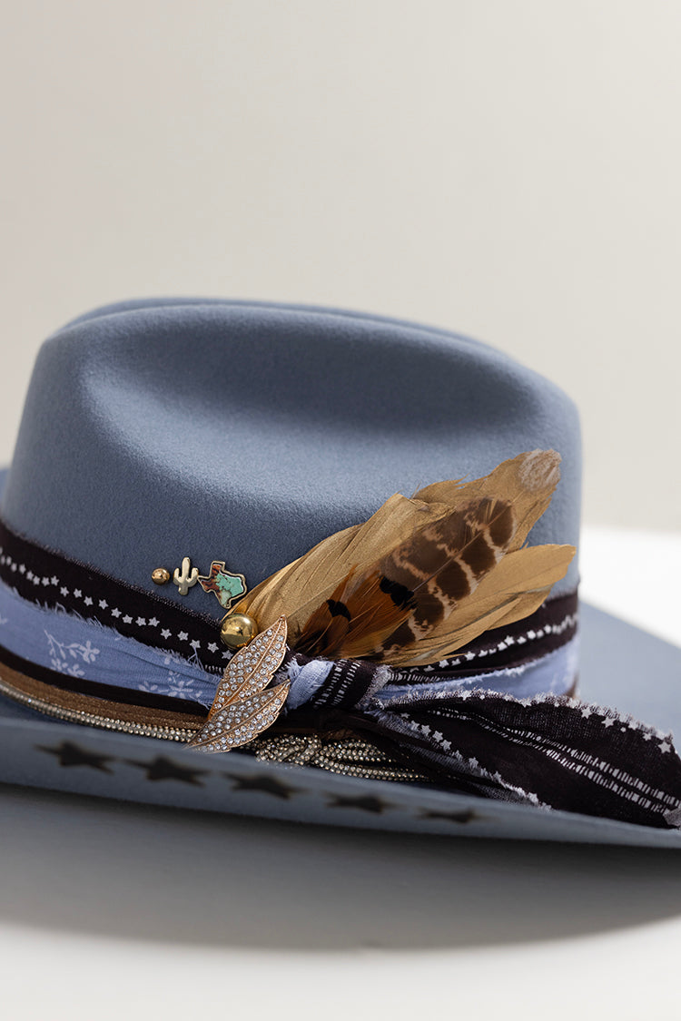 Dusty Blue Hat custom cowboy hat with decorative feathers, custom hat bands, vintage brooches and hat pins-FleaStyle
