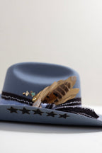 Dusty Blue Hat branded custom cowboy hat with decorative feathers, custom hat bands, vintage brooches and hat pins-FleaStyle