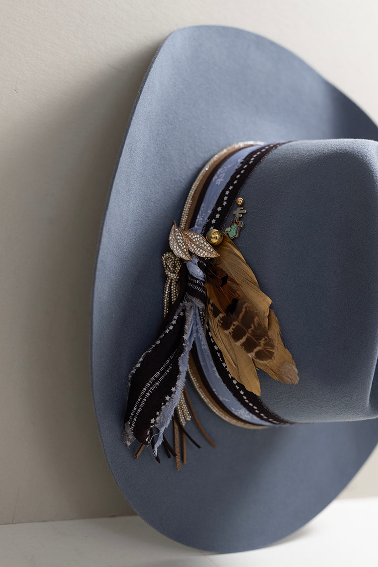 Dusty Blue Hat custom cowboy hat with decorative feathers, custom hat bands, vintage brooches and hat pins-FleaStyle