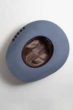 Dusty Blue Hat branded custom cowboy hat with decorative feathers, custom hat bands, vintage brooches and hat pins-FleaStyle