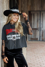 Woman wearing a One-of-a-Kind-Custom-Cowboy-Hat-Black with decorative feathers, custom hat bands, vintage brooches and pearl hat pins-FleaStyle